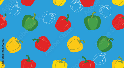 A colorful collection of bell peppers in red yellow and green on a blue background.