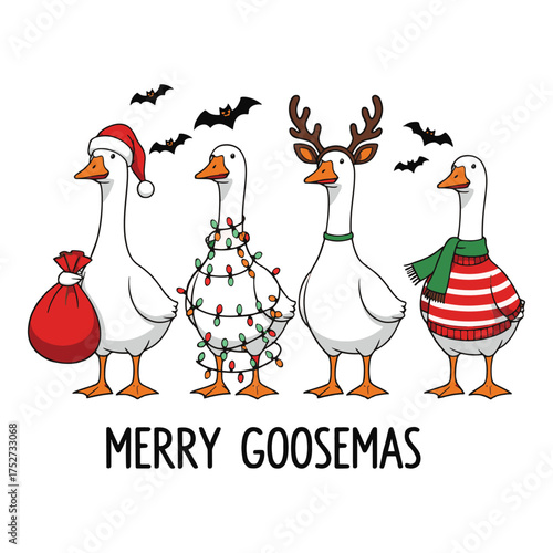 Four festive cartoon geese dressed in christmas attire with a merry goosemas greeting and bats in the background