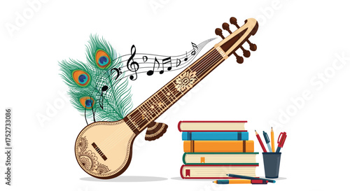 An illustration of an Indian musical instrument with books and art supplies on white background.
