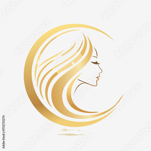 Elegant Woman Silhouette with Golden Hair and Moon.