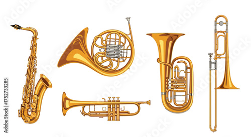 A collection of brass and woodwind musical instruments.