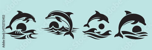 Playful dolphin silhouette vector set jumping ocean waves and sun logos on turquoise background.
