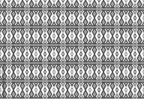 Geometric fabric design, black and white block square motifs on a white background arranged into a unique design, suitable for fabric design, wall design, tablecloths, scarves, carpets, pillowcases