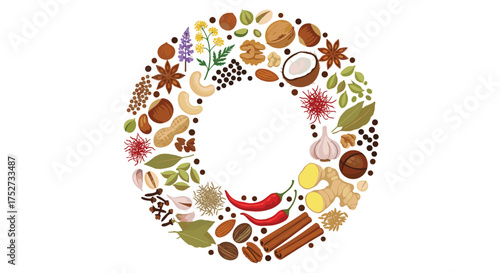 An assortment of aromatic spices and ingredients forming a circular wreath design.