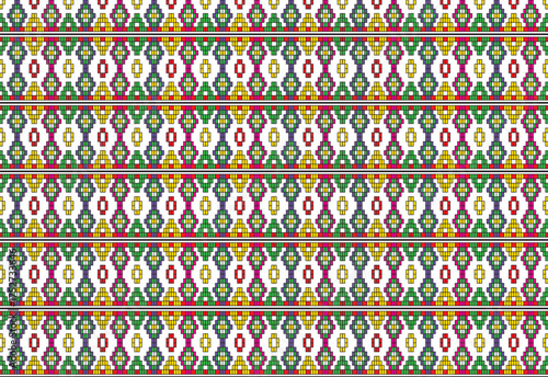Geometric fabric design, colorful block square motifs on a white background arranged into a unique design, suitable for fabric design, wall design, tablecloths, scarves, carpets, pillowcases