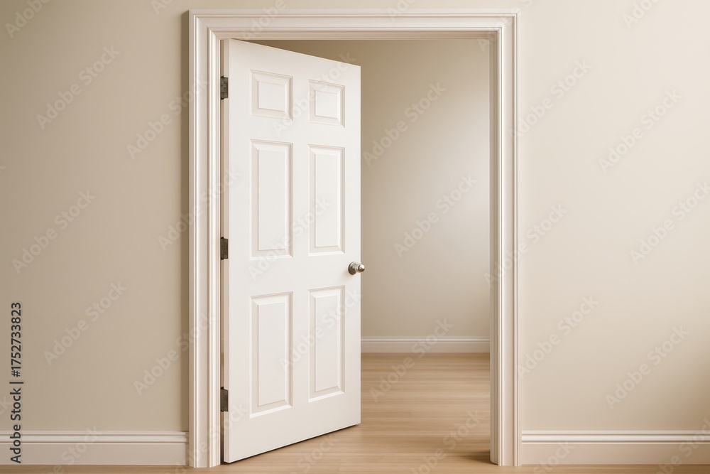 Fototapeta premium Open white door revealing a room interior with wooden floor