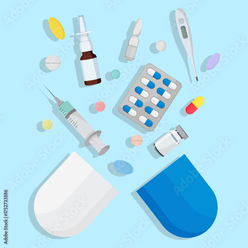 Medication composition Opened capsule pill with injection spray tube tablets themometer