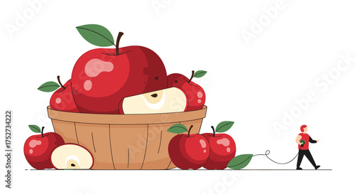 A person walking away from a large basket overflowing with ripe red apples.