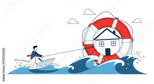 A small boat with a person pulling a life preserver containing a house through rough seas.