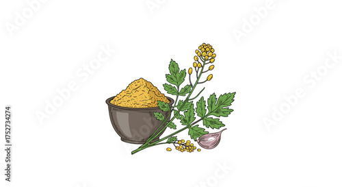 Mustard seeds powder and plant with garlic for culinary uses.