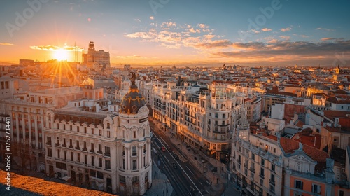 Madrid cityscape with the metropolis building and gran via street during sunset