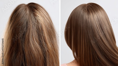 This image shows a comparison between damaged hair and well - maintained hair, highlighting the differences in their conditions.