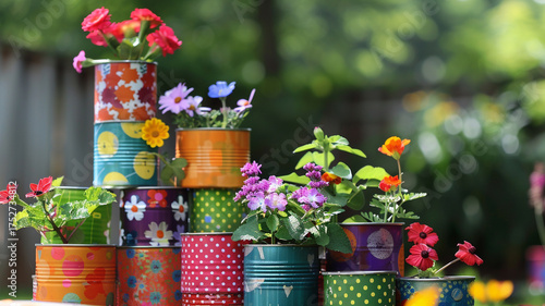 Colourful recycled aluminum cans decorated with patterns and repurposed as planters for vibrant garden flowers. Upcycling.