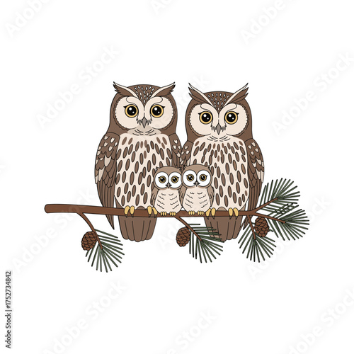 Two adult owls with two owlets perched together on a tree branch vector
