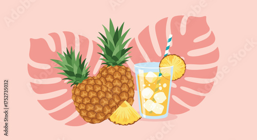 Refreshing pineapple juice with fresh pineapple slices and tropical leaves.