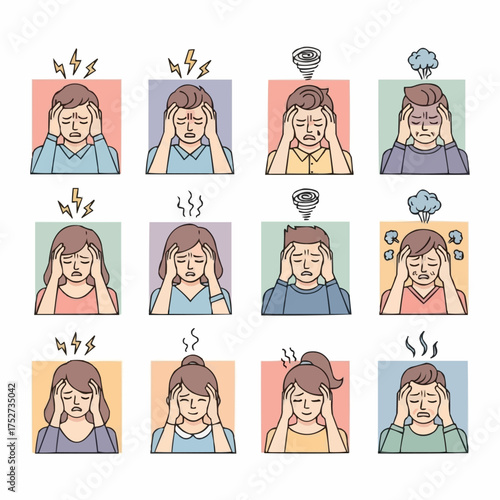 Illustrations of People Experiencing Headaches and Stress.