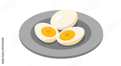 Three boiled eggs on a grey plate ready for breakfast or a healthy snack.