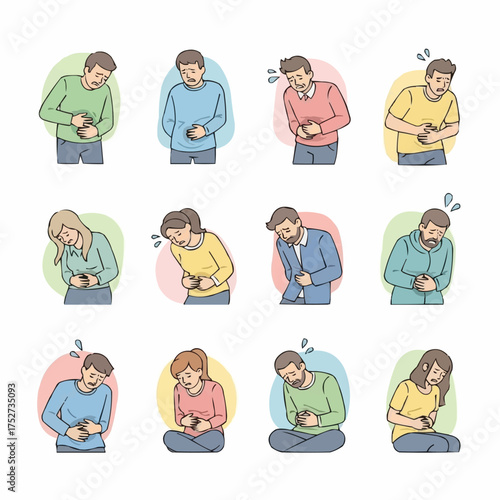 Collection of diverse people experiencing stomach pain and discomfort illustration.
