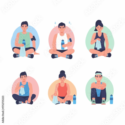Set of six tired athletes resting after intense workout session.