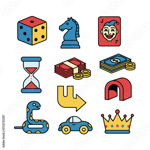 Collection of diverse graphic icons representing games, strategy, and leisure activities