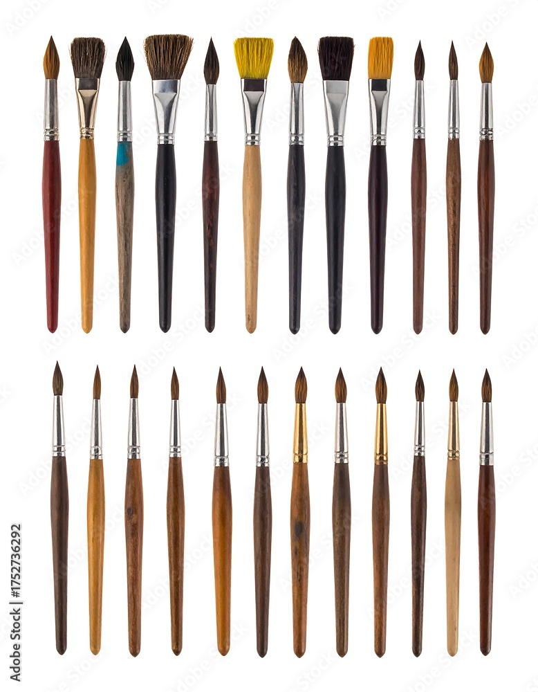 Fototapeta premium A collection of various paintbrushes of different shapes and sizes arranged in rows