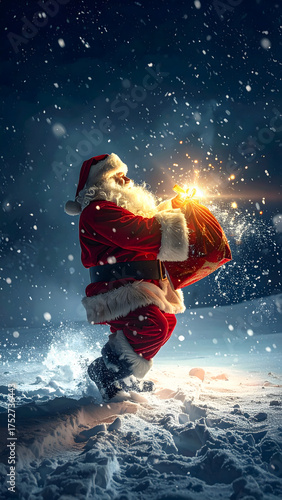 Santa Claus opening a glowing magical gift bag in the snowy winter night