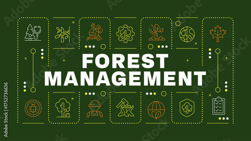 Forest management green word concept. Ecosystem health, ecology preservation. Climate change. Horizontal vector image. Headline text surrounded by editable outline icons. Hubot Sans font used