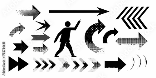 Collection of diverse black and white arrows and a silhouette of a person pointing forward