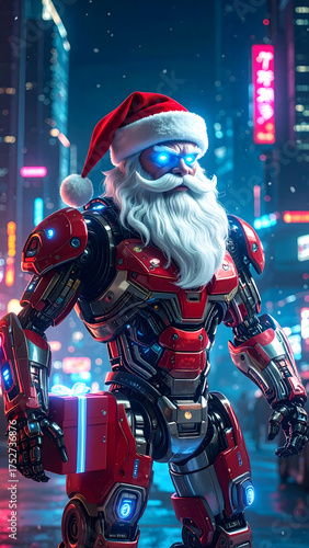 Futuristic cyberpunk Santa Claus holding glowing Christmas gifts in a neon city at night