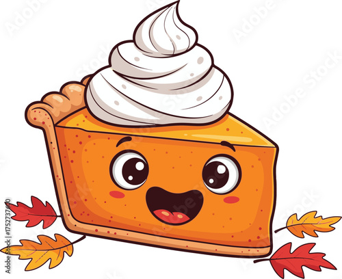 Cute Cartoon Pumpkin Pie Slice with Whipped Cream and Leaves