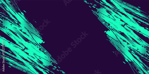 Abstract Grunge Design with Green Brush Texture on Purple Background with Halftone Style. For Sport Banner or Poster Design Elements