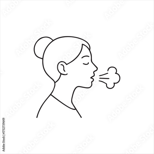 Stylized Vector Illustration of a Woman Breathing Outwards Indicating Exhalation or Illness in a Minimalist Black and White Design