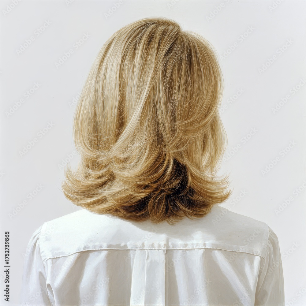 Naklejka premium Back view of a woman showing medium length blonde layered hair, wearing a white shirt, focusing on hairstyle details.