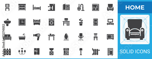 Home interior solid glyph icon set