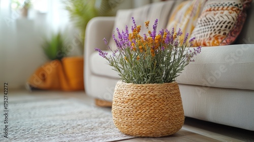 Cozy Living Room Corner with Lavender Plant and Sofa.
