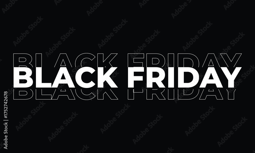 Fototapeta premium Minimalist Black Friday banner with bold white text on a black background. Perfect for promoting discounts, sales, shopping events, and online store advertisements during the holiday season.
