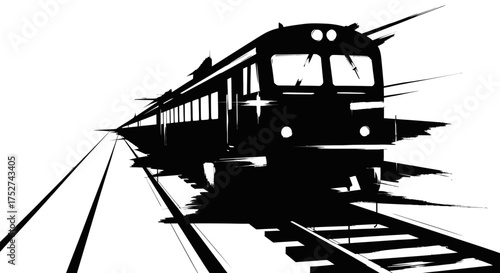 Dynamic silhouette vector illustration of a train speeding on tracks