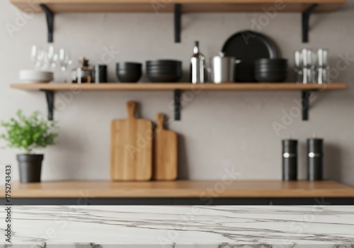Stylish marble tabletop on wooden platform with copyspace for your logo at blurry kitchen utensils and dishes on light wall background. 3D rendering, mock up