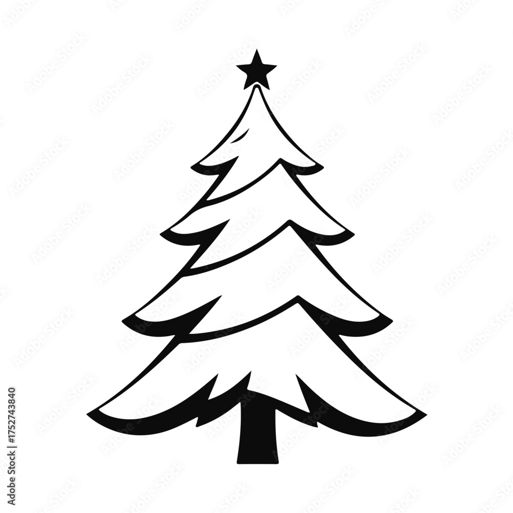 Fototapeta premium Christmas tree silhouette, holiday pine illustration, decorated fir vector, festive tree drawing, black evergreen art with star