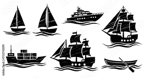 Collection of vector nautical silhouettes maritime vessels sailing ships and boats scalable illustration