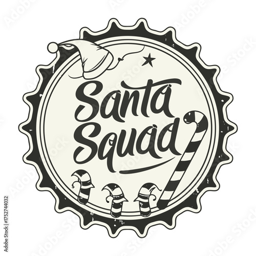 Santa Squad Vintage Design: A charming vintage design for Santa Squad, adorned with a Santa hat and candy canes. This festive emblem is perfect for Christmas and seasonal events.