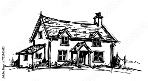 Charming sketched vector illustration of a quaint cottage house with detailed roof and chimney