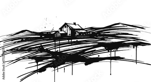 Abstract vector illustration of a moody house amidst brushstroke landscape scalable art