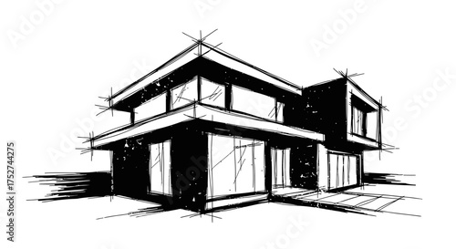 Modern architectural sketch of a two-story house artistic vector illustration