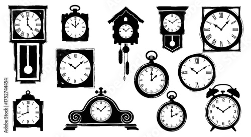 Collection of vintage clock illustrations in scalable vector format for graphic design