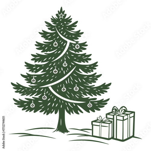 Festive Evergreens: A whimsical illustration of a decorated Christmas tree adorned with ornaments and twinkling star. Adjacent lie neatly wrapped gift boxes.