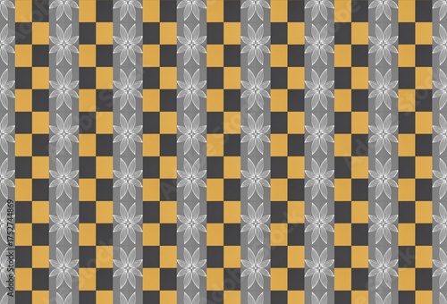 Geometric Checkerboard Pattern With Golden Squares And White Floral Stripes For Modern Interior Decor