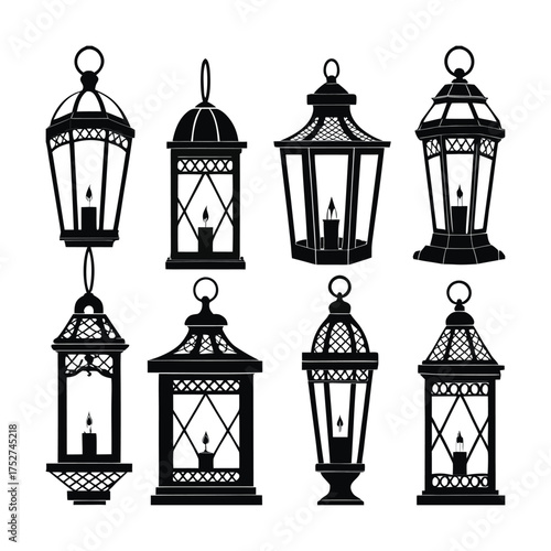 Collection of eight ornate vintage black lanterns with glowing candle interiors