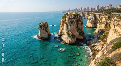 Picturesque raouche rocks in beirut, lebanon on a sunny day.