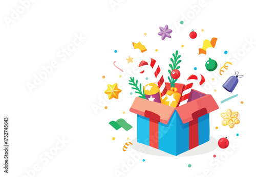 Festive Gift Box: An open gift box overflowing with an array of colorful ornaments, ribbons, candy canes, and celebratory confetti, embodying the joy and anticipation of the holiday season. 